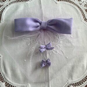 Vintage 60s Purple Fascinator Mesh Netting Hair Bows Pastel Mauve Hairnet Rockab